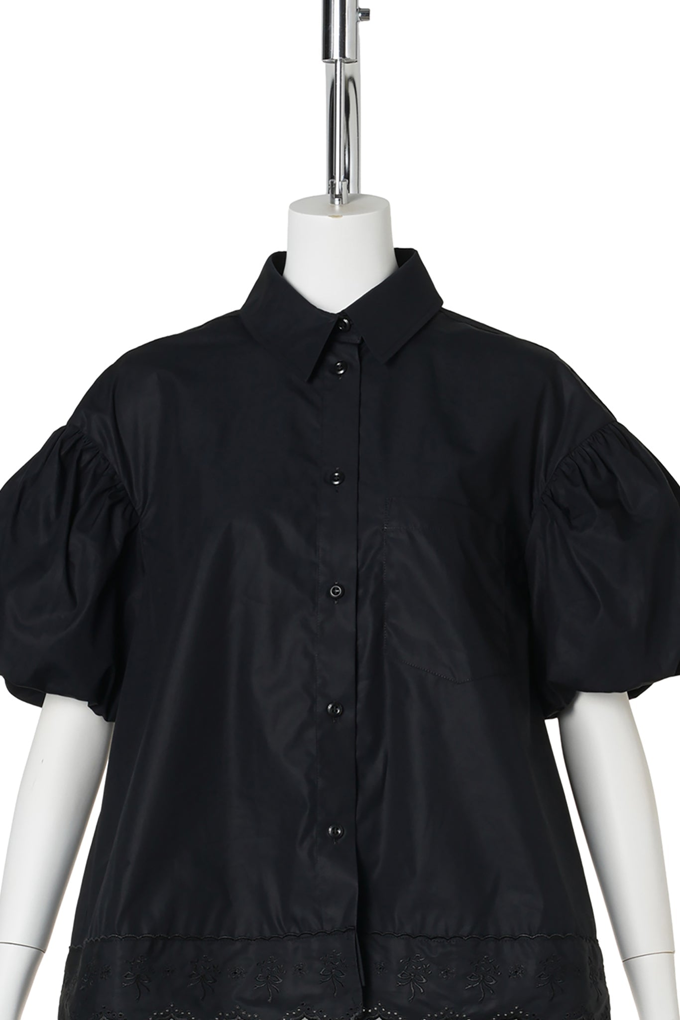 CROPPED PUFF SLEEVE LACE TRIM SHIRT / BLACK