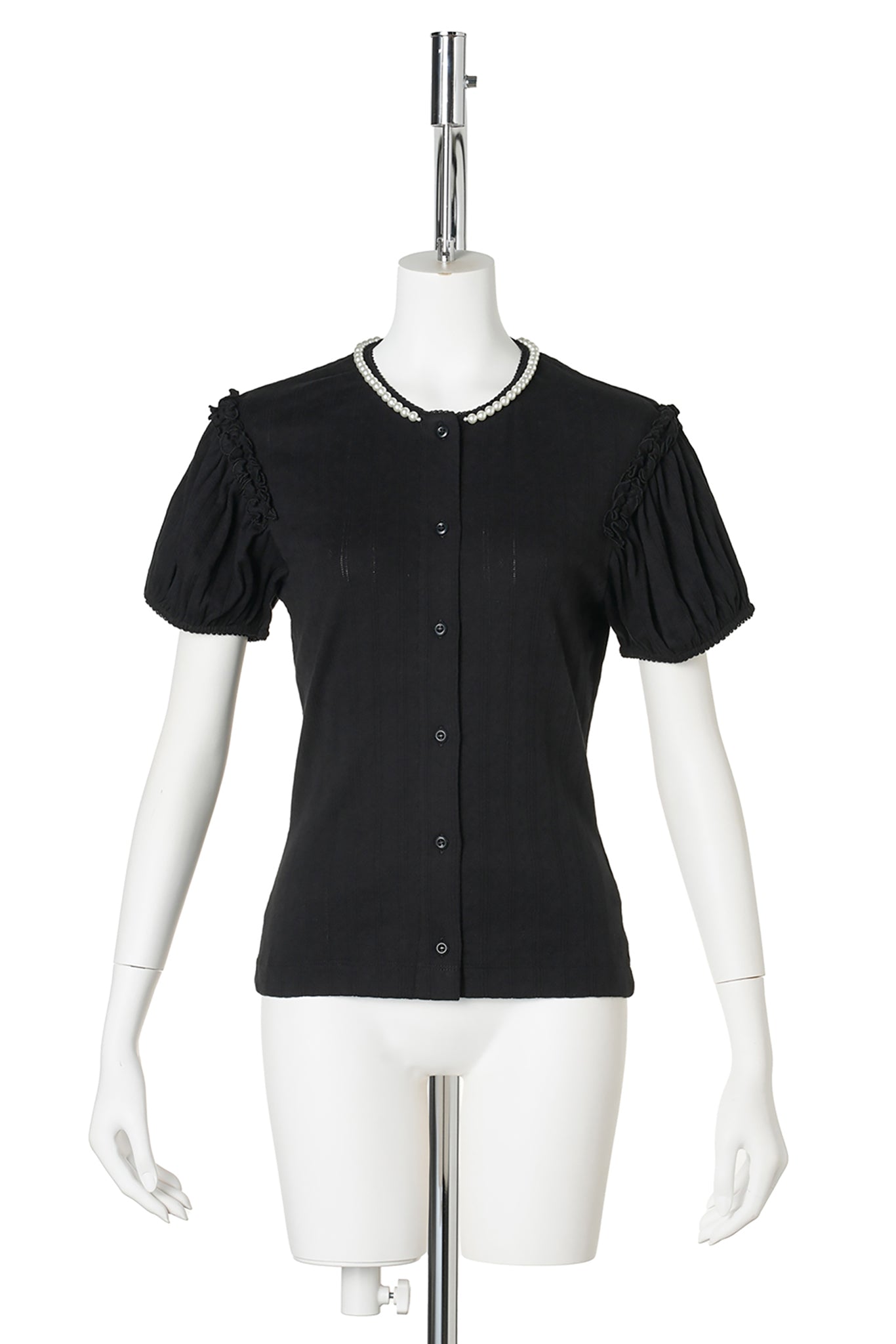 POINTELLE PUFF SLEEVE CARDIGAN W/EMB / 150:BLACK/PEARL