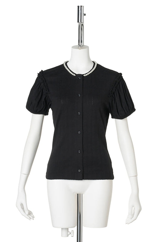 POINTELLE PUFF SLEEVE CARDIGAN W/EMB / 150:BLACK/PEARL