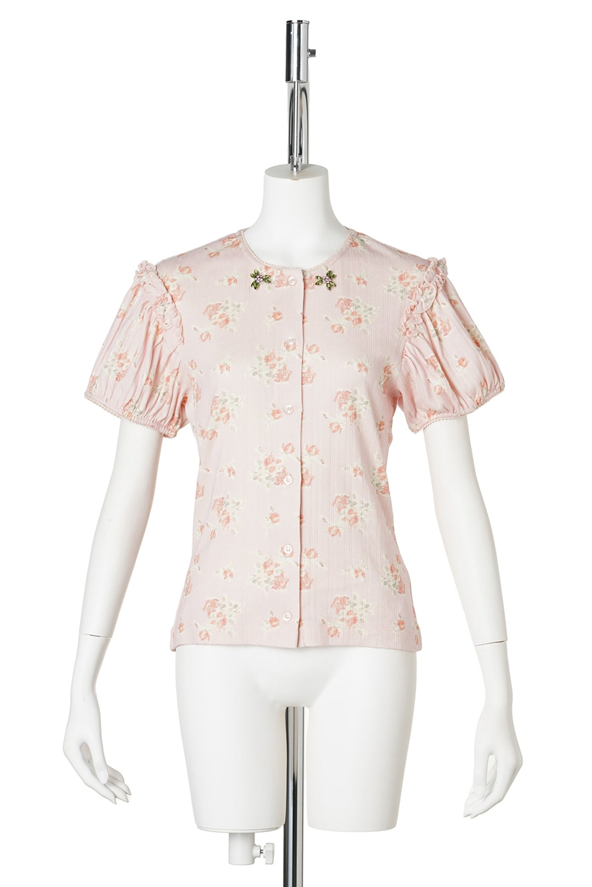 POINTELLE PUFF SLEEVE CARDIGAN W/EMB / 205:PALE PINK/ROSE MULTI