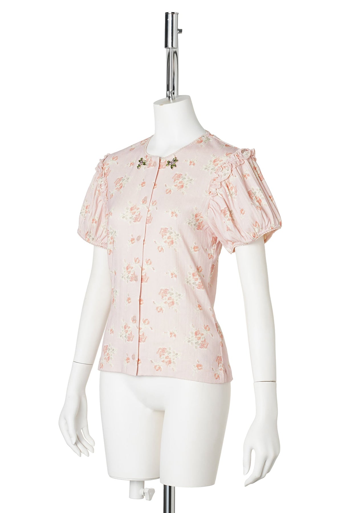 POINTELLE PUFF SLEEVE CARDIGAN W/EMB / 205:PALE PINK/ROSE MULTI