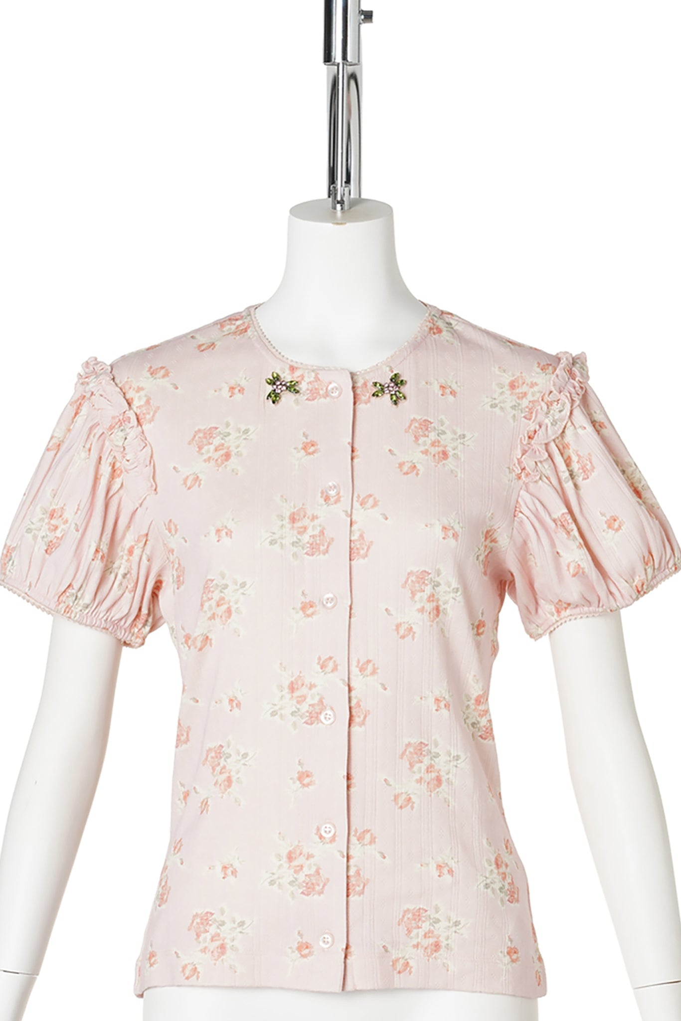 POINTELLE PUFF SLEEVE CARDIGAN W/EMB / 205:PALE PINK/ROSE MULTI