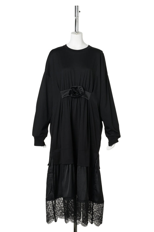 OVERSIZED GATHERED ROSE LACE TRIM DRESS / BLACK