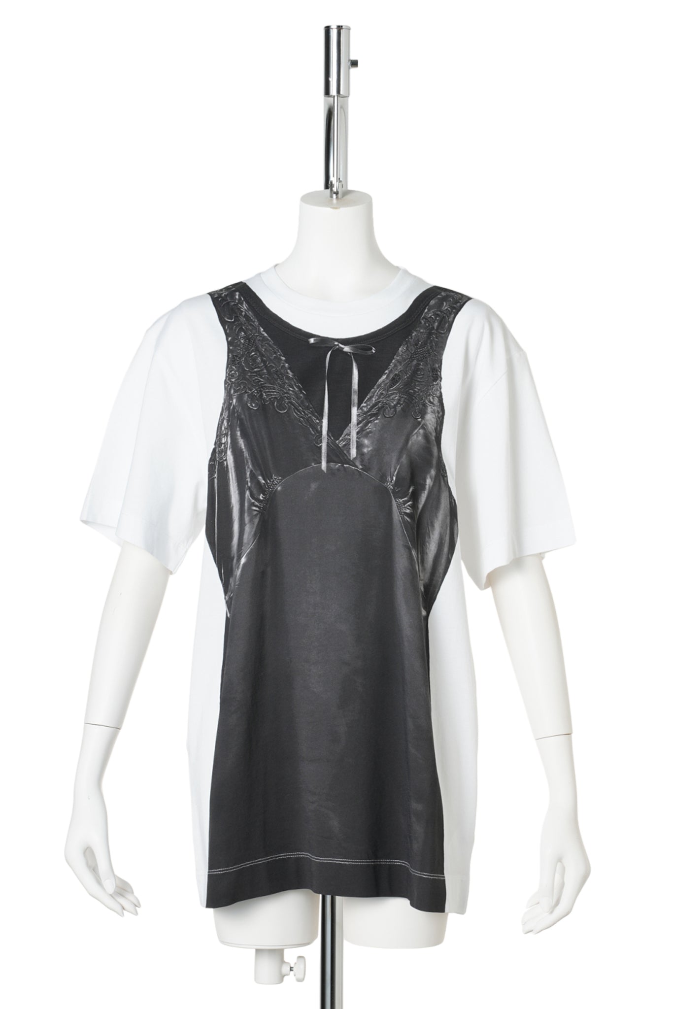 PATCHWORK SATIN TROMPE L'OEIL PRINT T-SHIRT / WHITE/BLACK