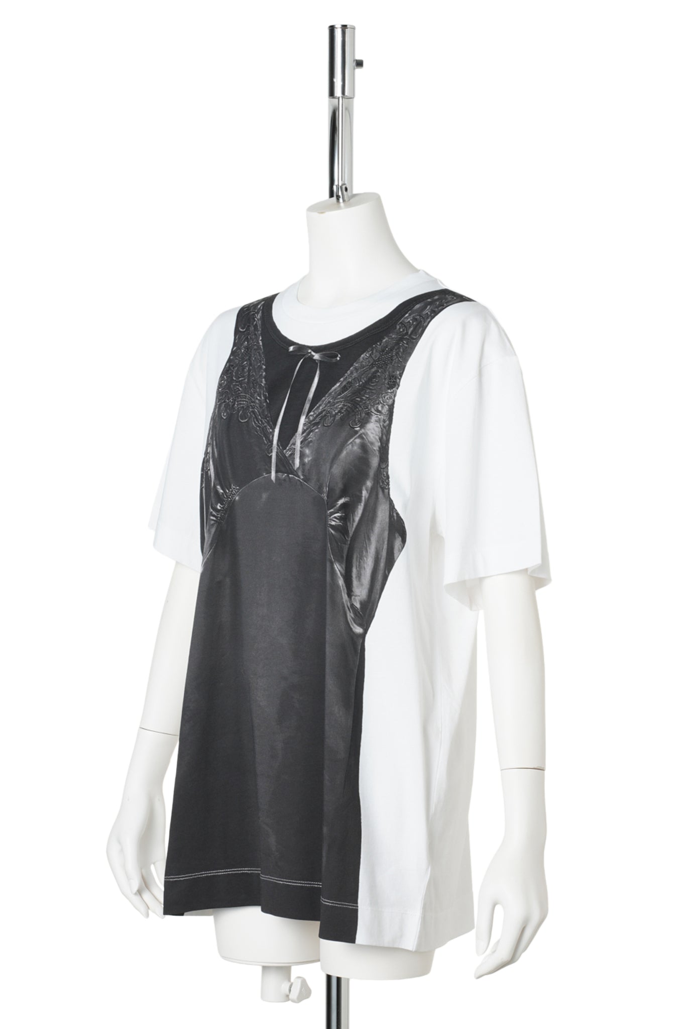 PATCHWORK SATIN TROMPE L'OEIL PRINT T-SHIRT / WHITE/BLACK