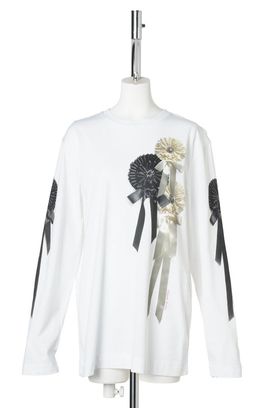 RIBBON ROSETTE PRINT LONG SLEEVE T-SHIRT / WHITE