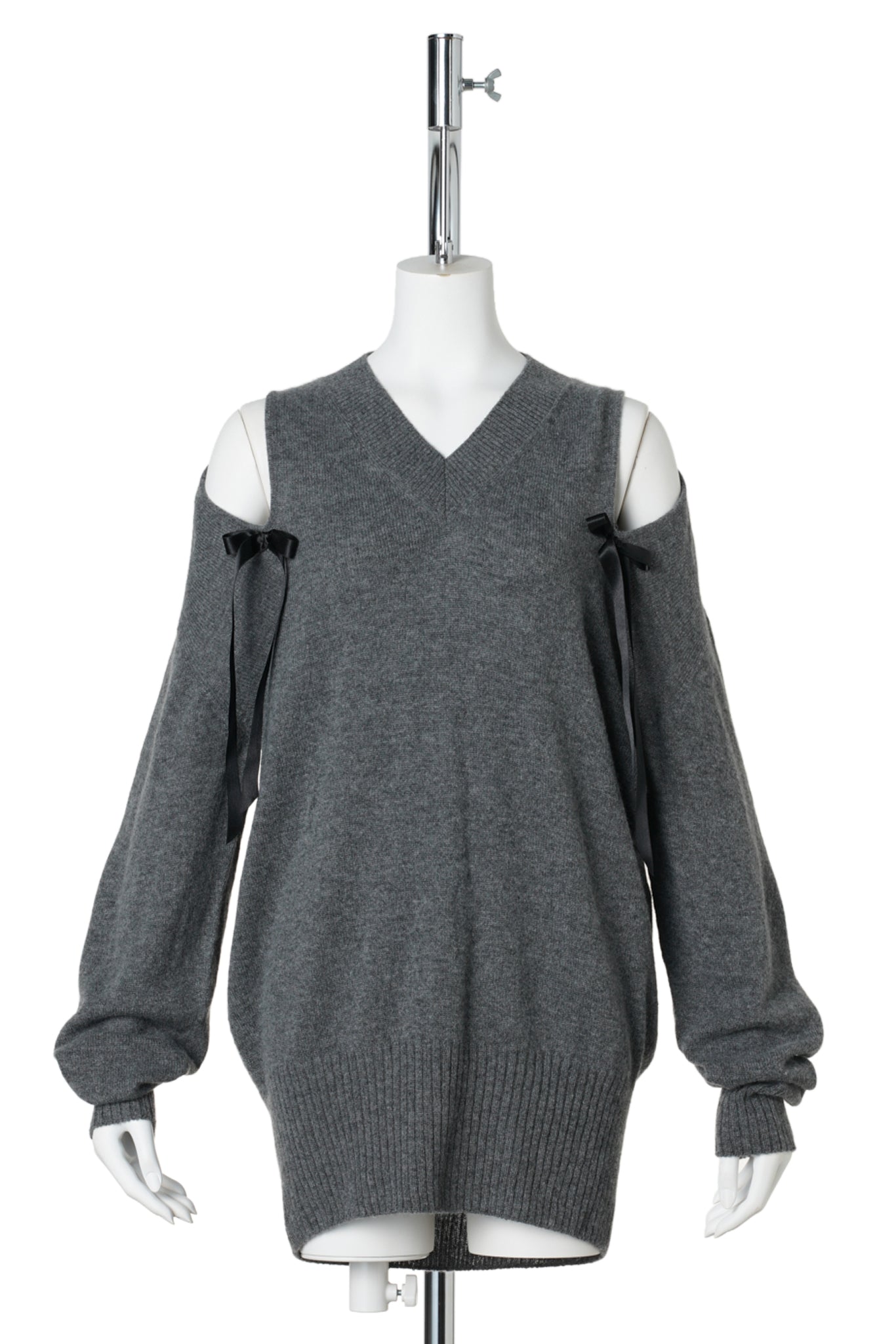 RELAXED CASHMERE SLASH V-NECK JUMPER W/BOW / GREY/BLACK