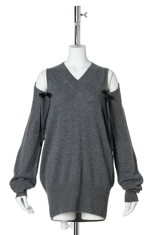 RELAXED CASHMERE SLASH V-NECK JUMPER W/BOW / GREY/BLACK