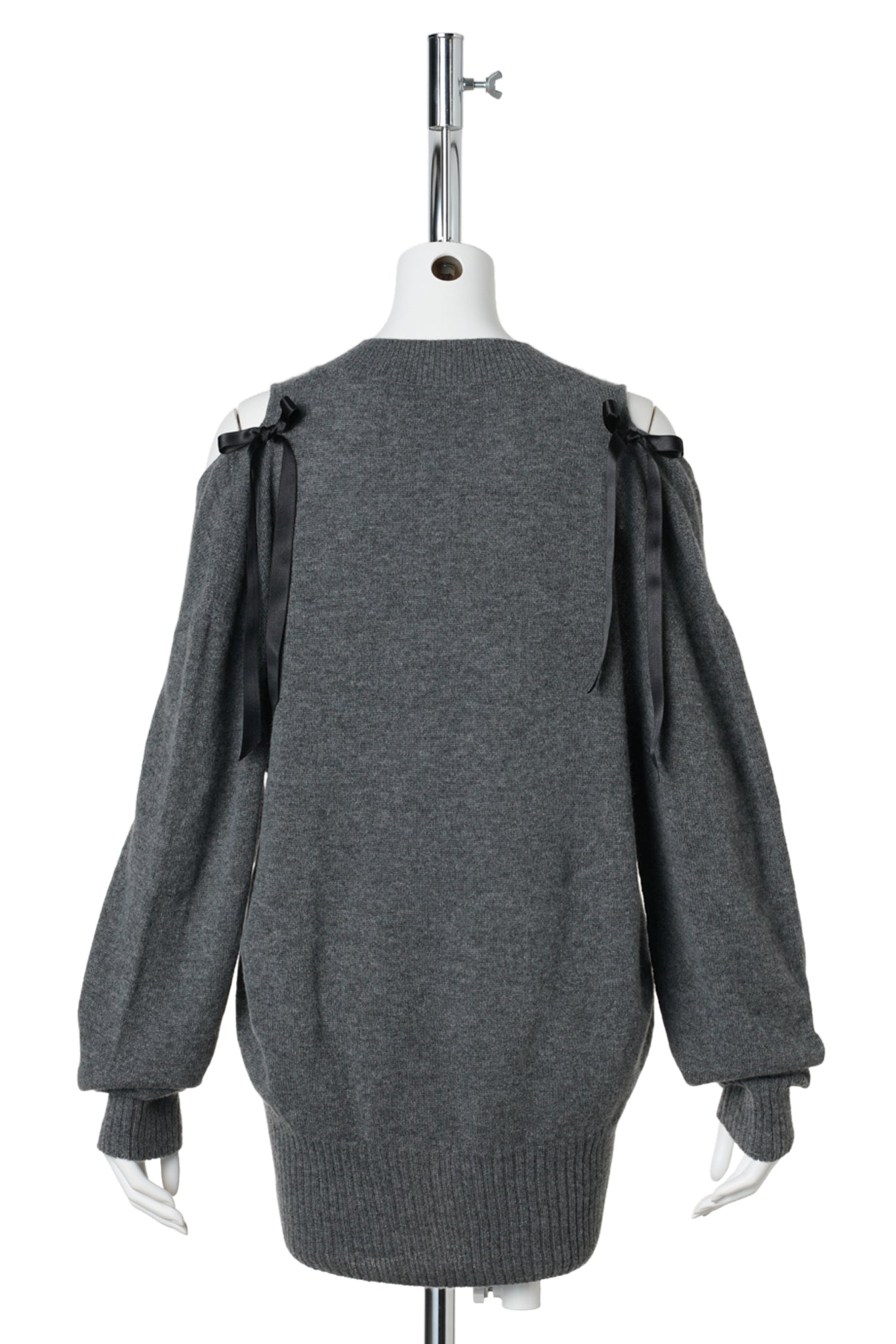 RELAXED CASHMERE SLASH V-NECK JUMPER W/BOW / GREY/BLACK
