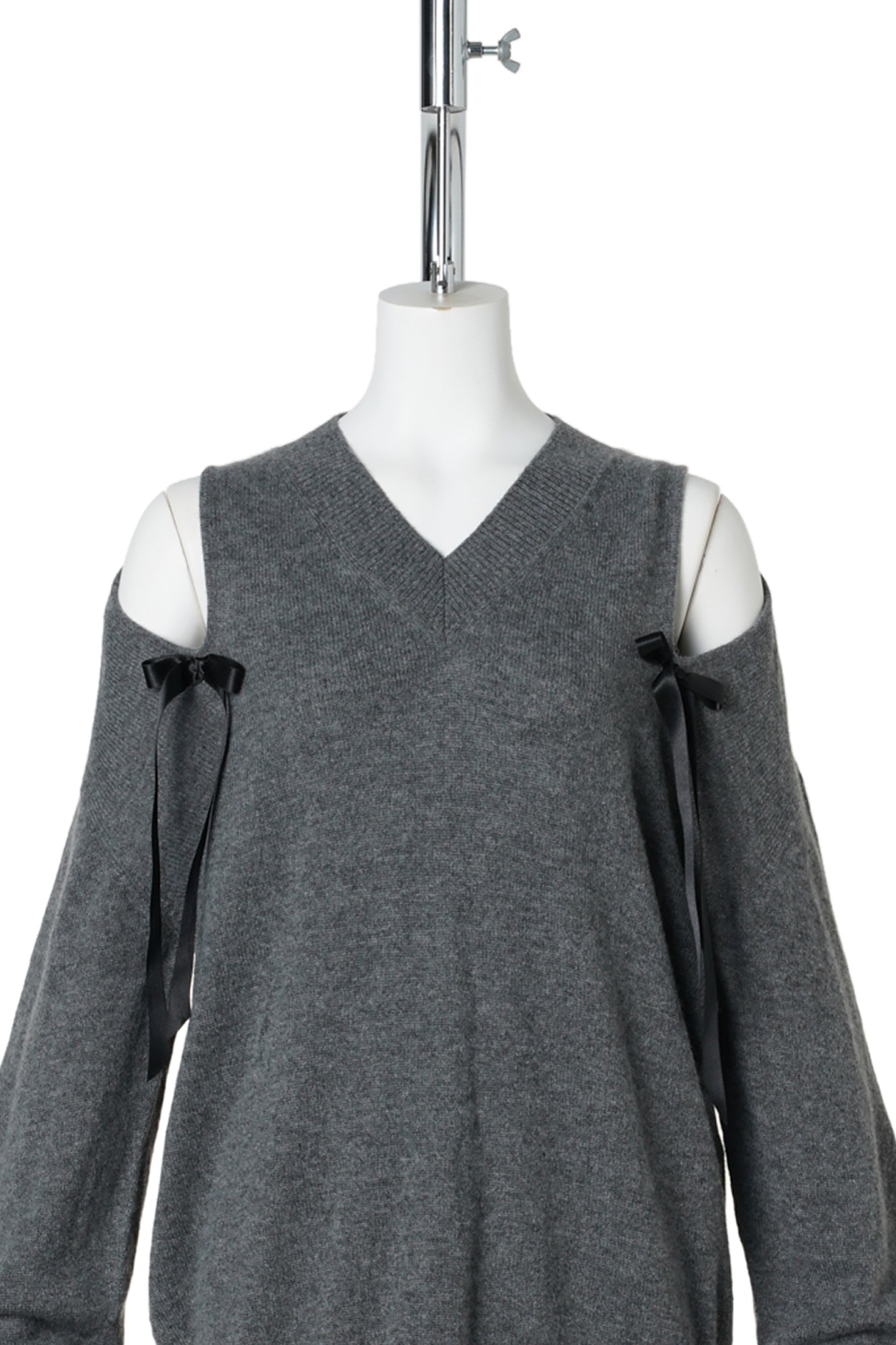 RELAXED CASHMERE SLASH V-NECK JUMPER W/BOW / GREY/BLACK