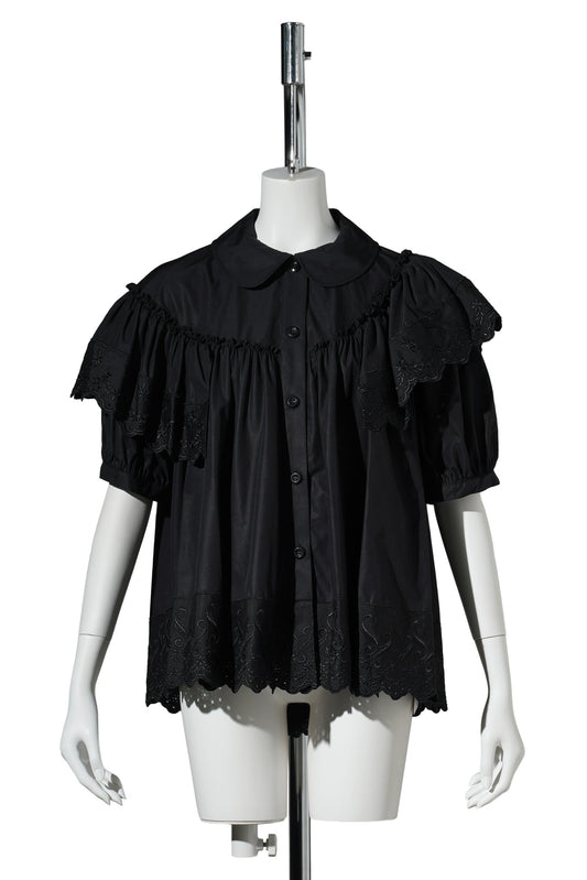 CROPPED PUFF SLEEVE RUFFLE FRILL TRIM SHIRT / 150:BLACK