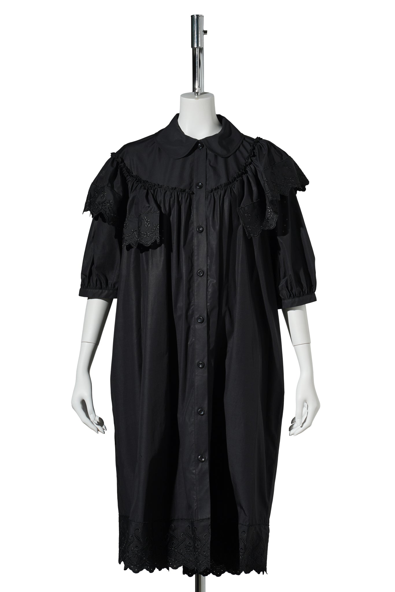 PUFF SLEEVE RUFFLE FRILL TRIM SHIRT DRESS / 150:BLACK