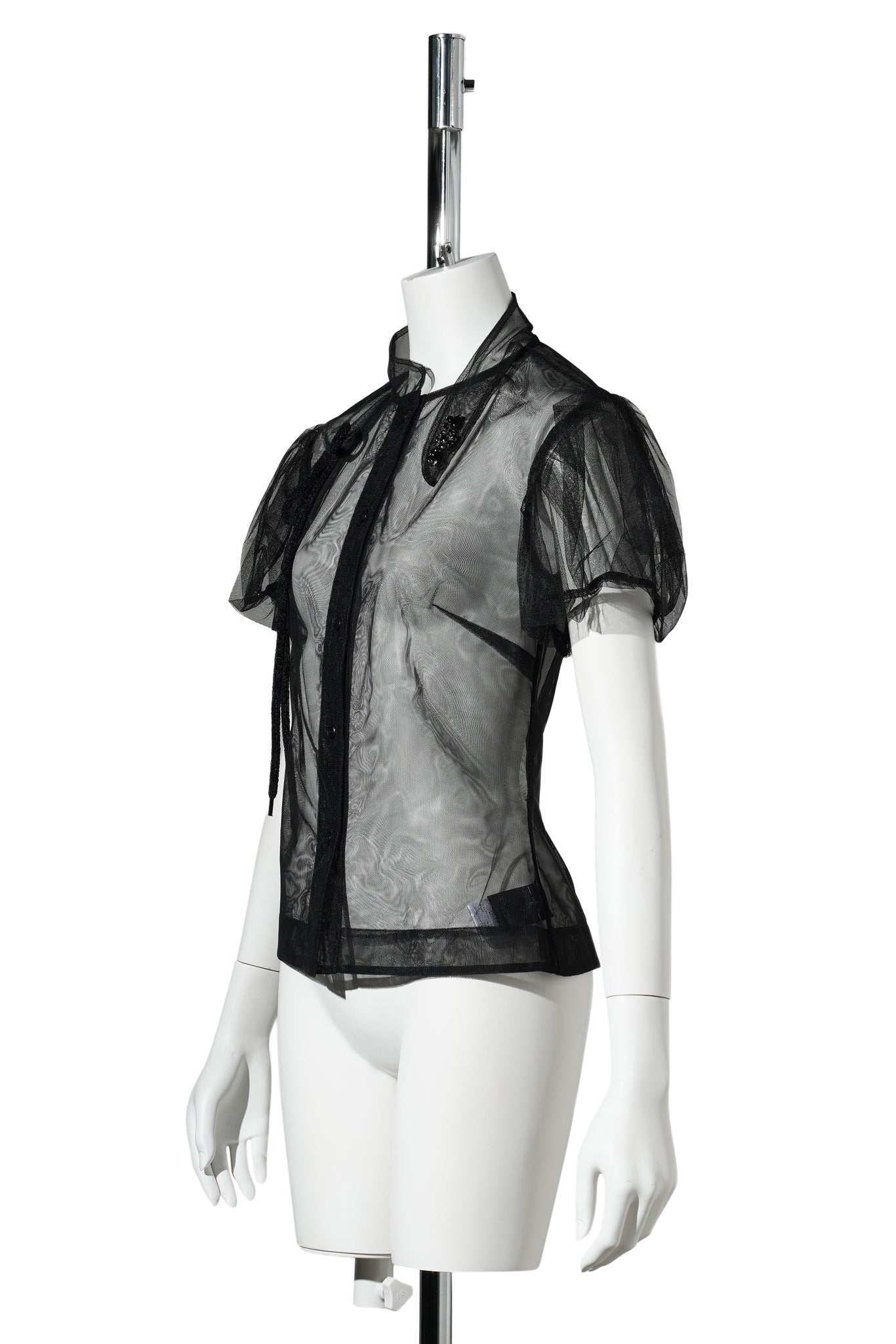 SHEER OFFSET FRAGMENT COLLAR PUFF SLEEVE SHIRT / 150:BLACK/BLACK/JET