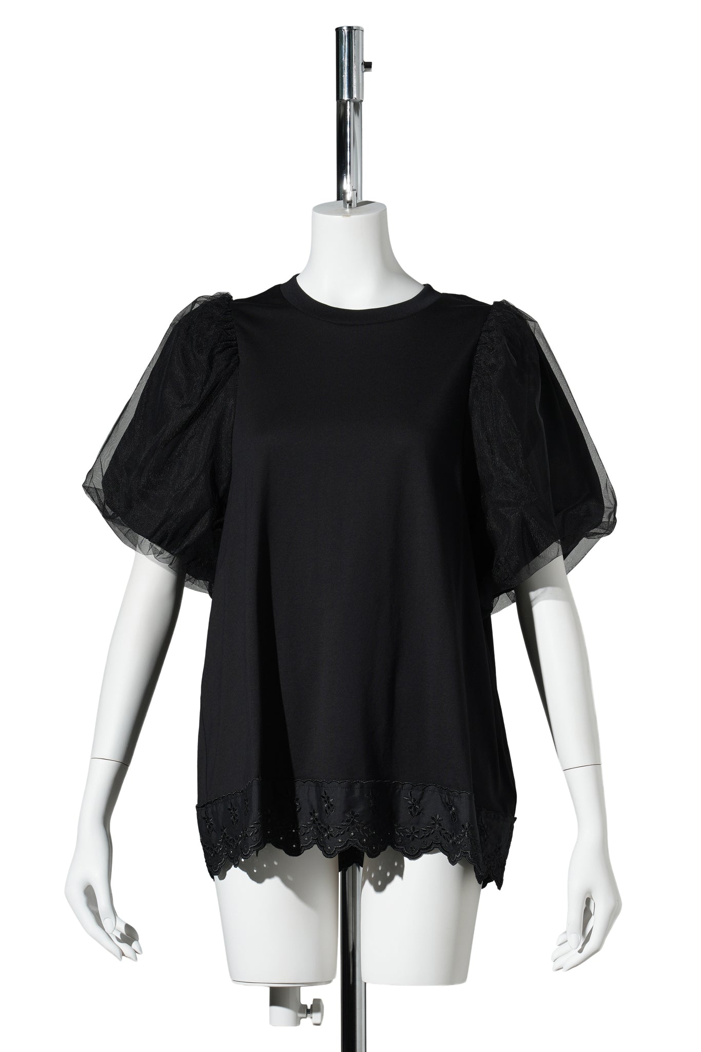 TULLE OVERLAY PUFF SLEEVE LACE TRIM T-SHIRT / 150:BLACK
