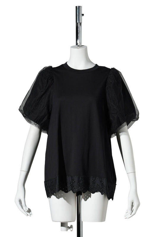 TULLE OVERLAY PUFF SLEEVE LACE TRIM T-SHIRT / 150:BLACK