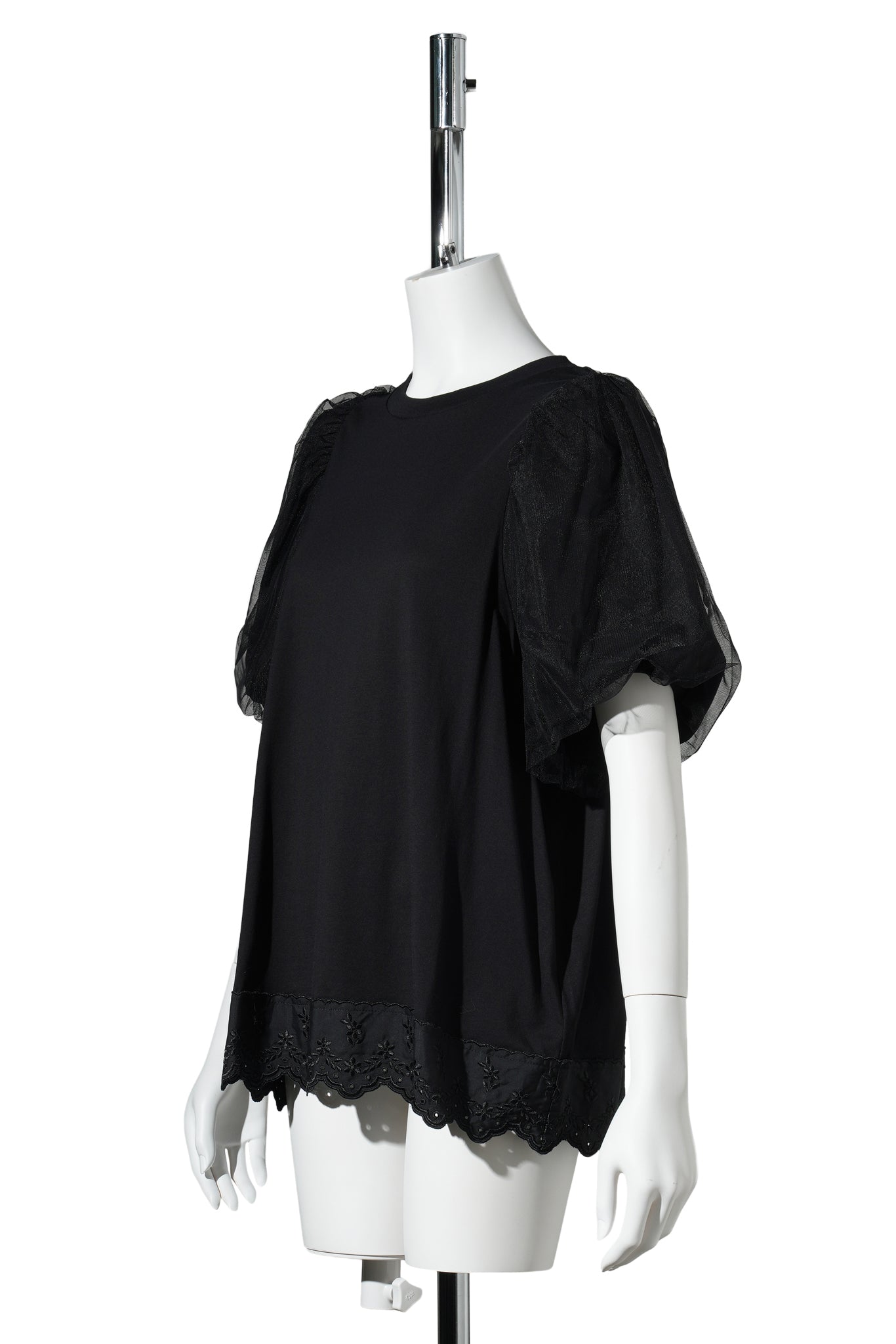 TULLE OVERLAY PUFF SLEEVE LACE TRIM T-SHIRT / 150:BLACK