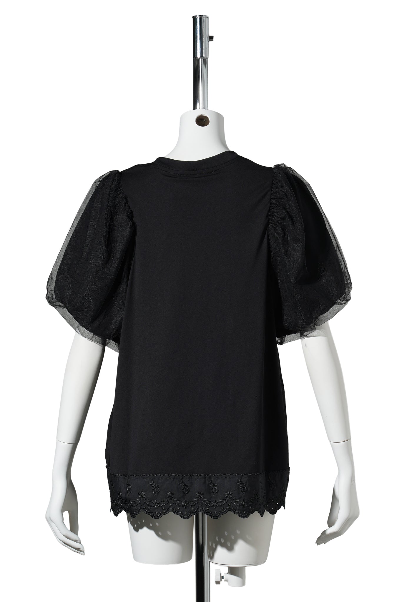 TULLE OVERLAY PUFF SLEEVE LACE TRIM T-SHIRT / 150:BLACK