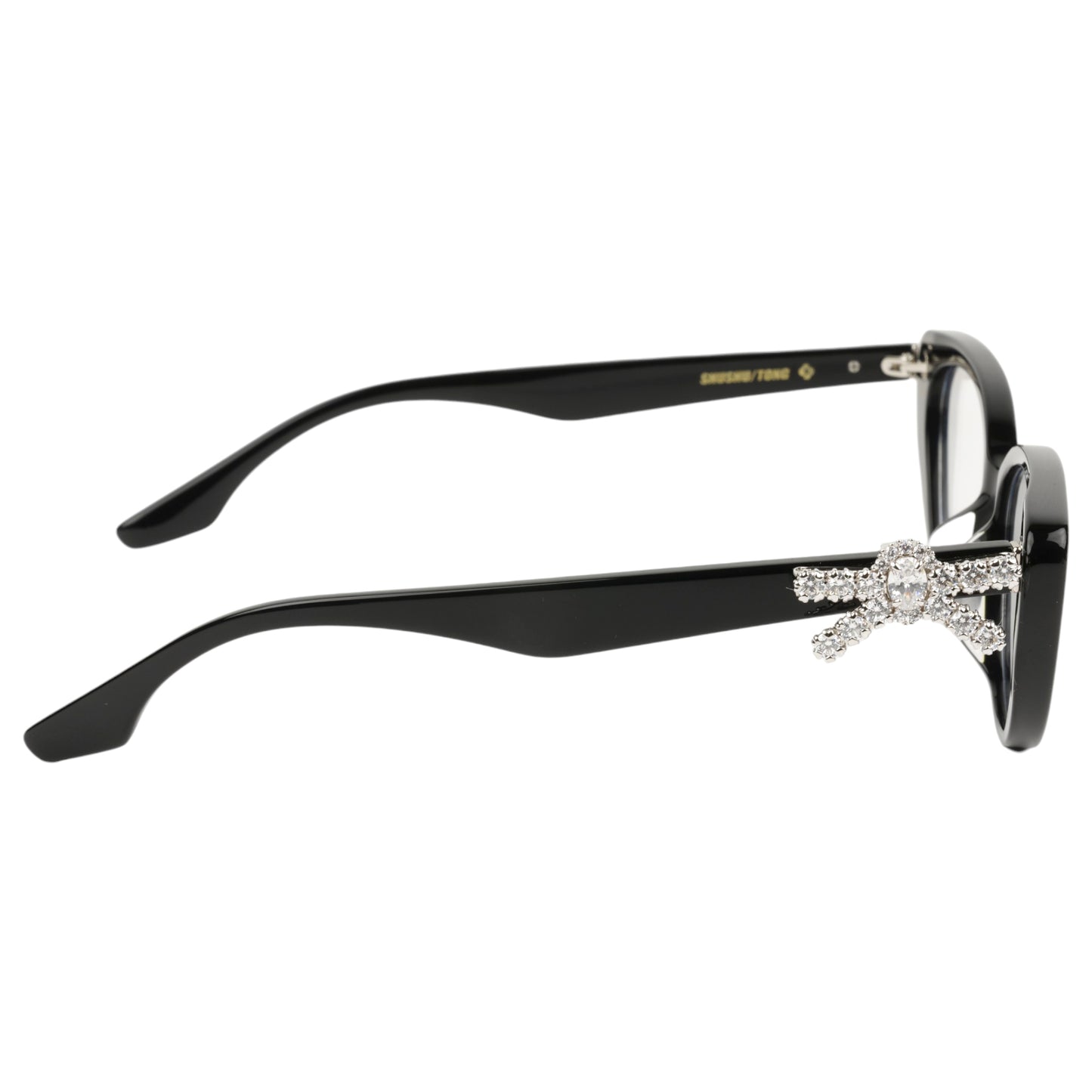 SIDE FACE JEWELED-BOWKNOT CLEAR-LENS GLASSES / BLACK