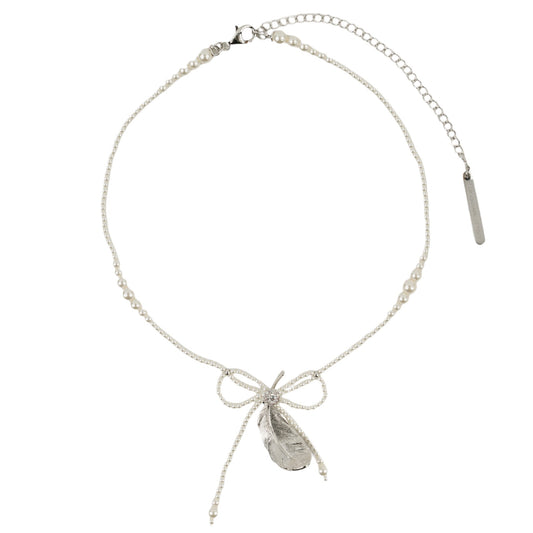 ARTIFICIAL PEARL TASSEL FEATHER NECKLACE / SILVER