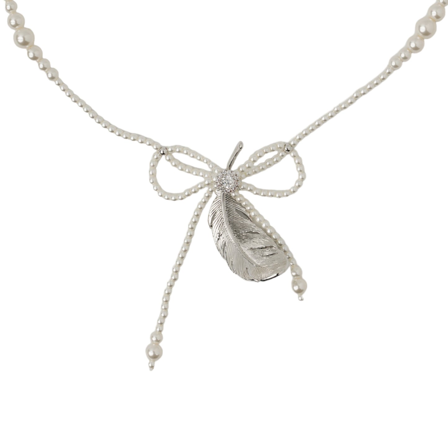 ARTIFICIAL PEARL TASSEL FEATHER NECKLACE / SILVER