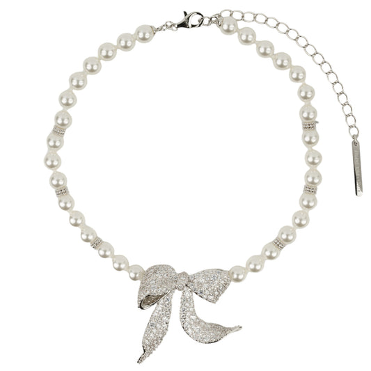 DIAMOND CURLY BOWKNOT ARTIFICIAL PEARL NECKLACE / SILVER