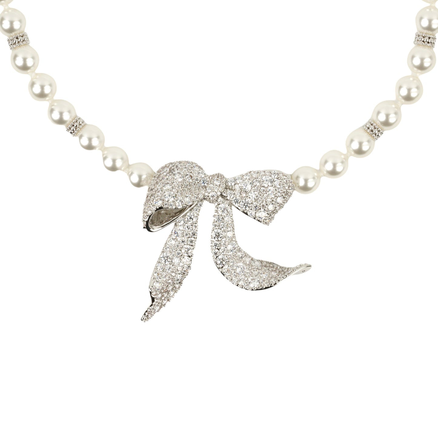 DIAMOND CURLY BOWKNOT ARTIFICIAL PEARL NECKLACE / SILVER