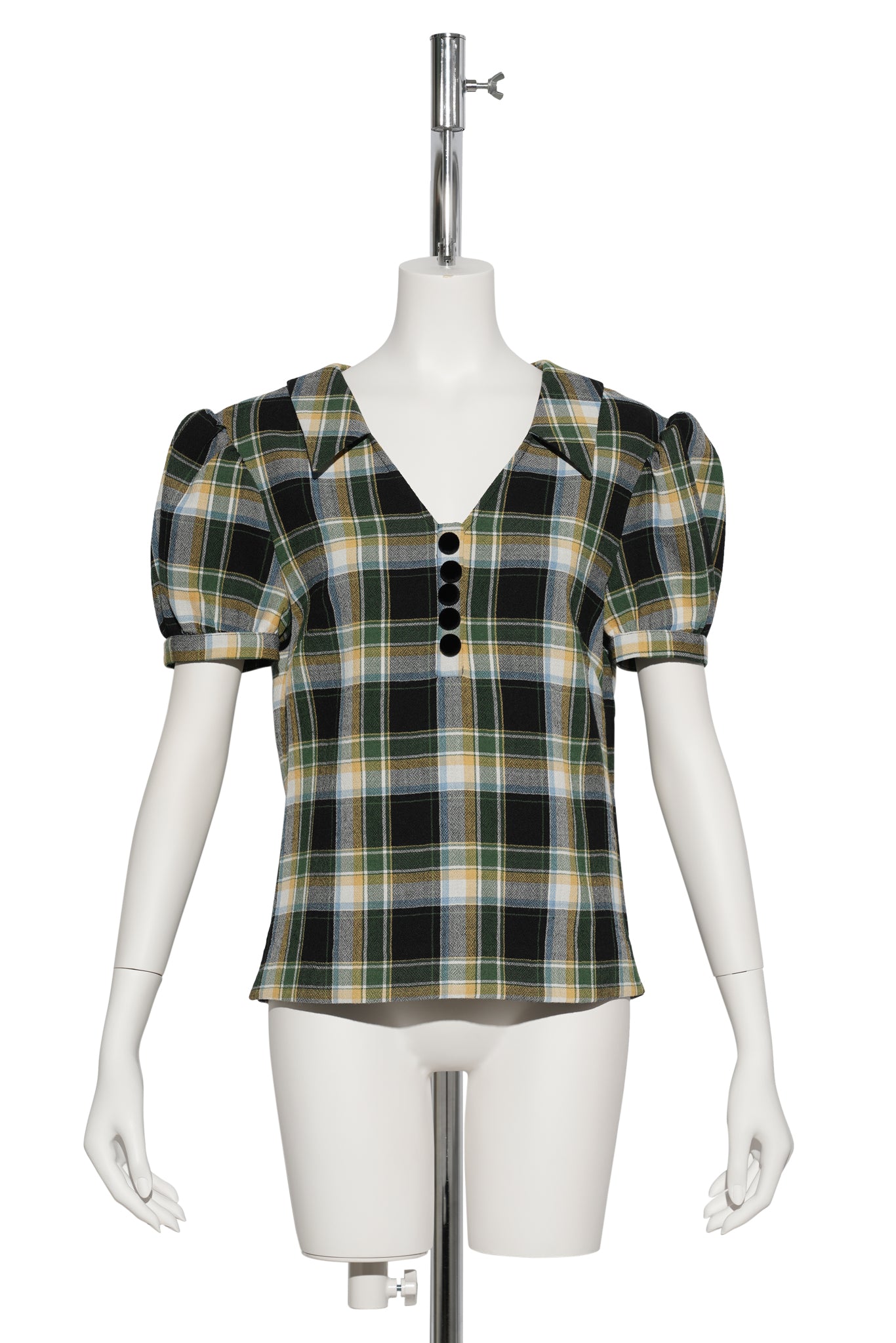 NOTCHED LAPEL PUFF SLEEVE TOP / GREEN PLAID