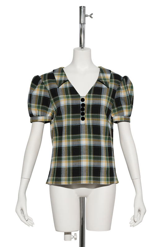 NOTCHED LAPEL PUFF SLEEVE TOP / GREEN PLAID