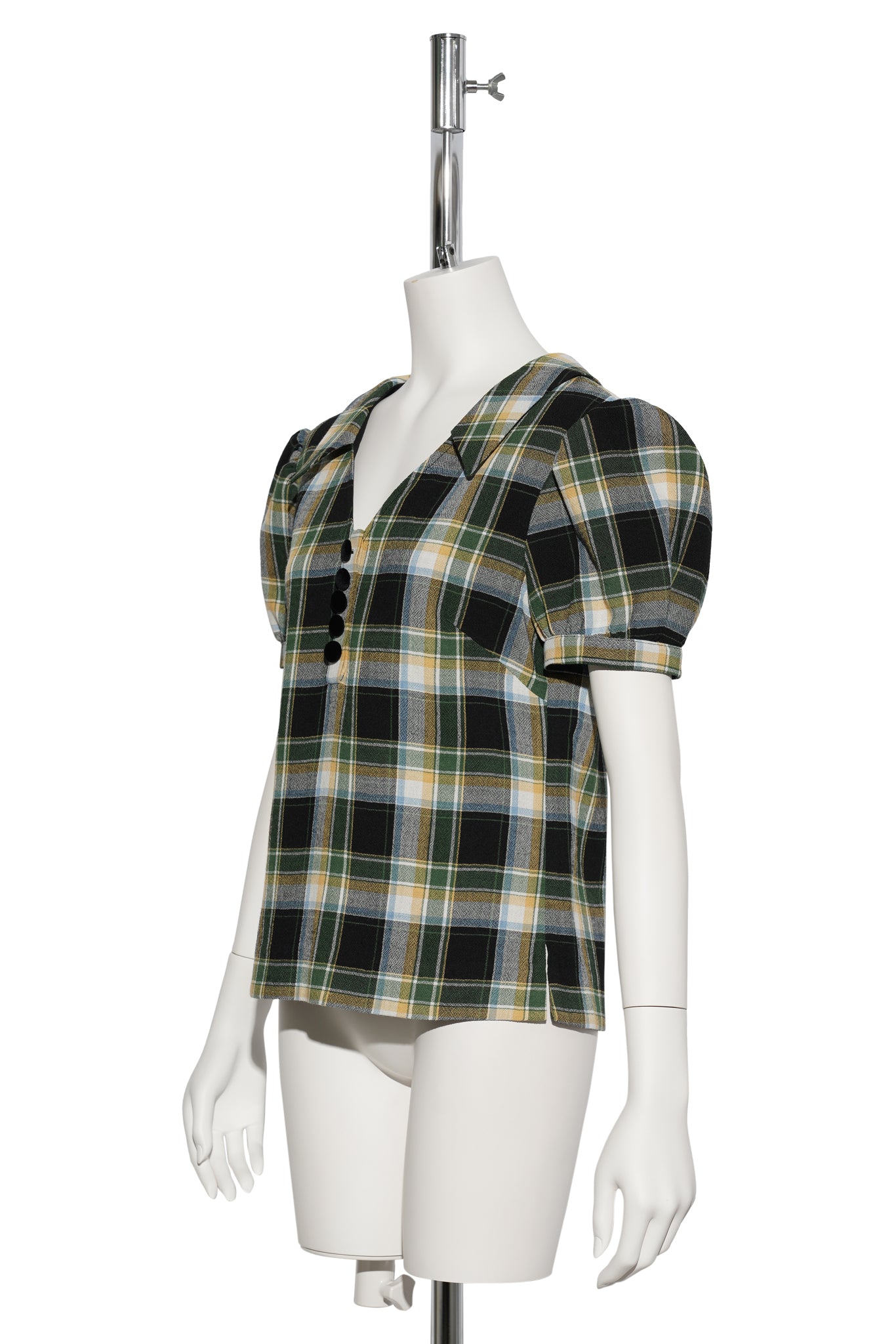NOTCHED LAPEL PUFF SLEEVE TOP / GREEN PLAID