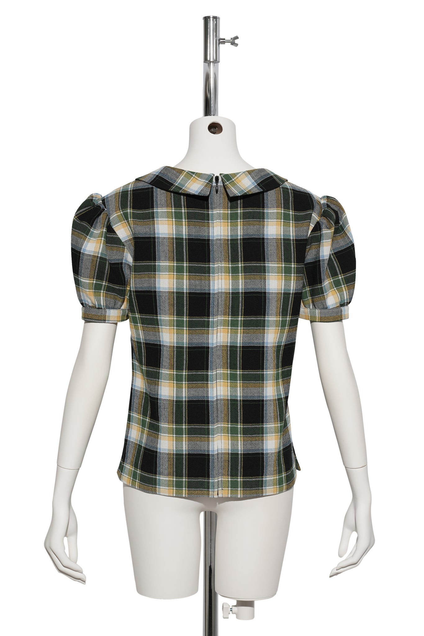 NOTCHED LAPEL PUFF SLEEVE TOP / GREEN PLAID