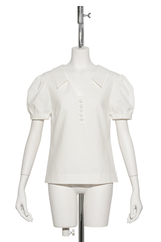 NOTCHED LAPEL PUFF SLEEVE TOP / WHITE