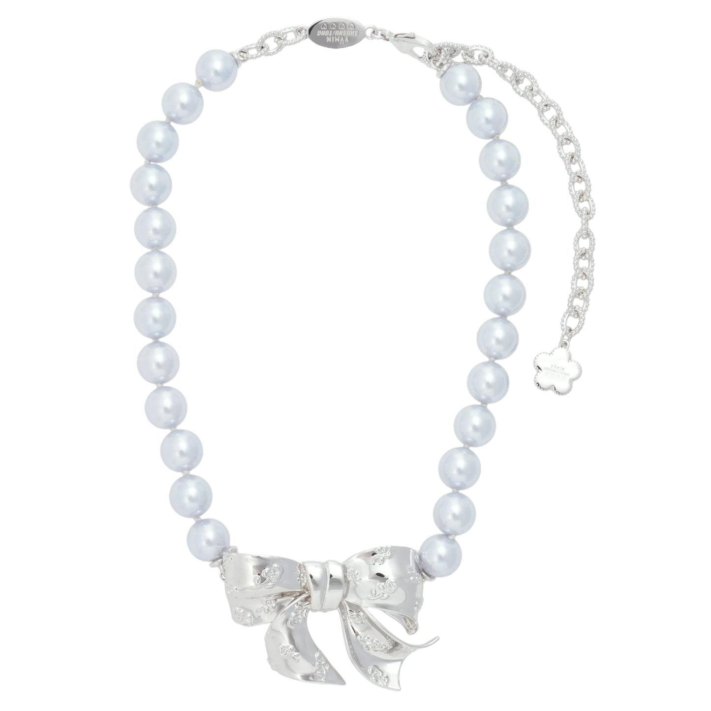 SHUSHU/TONG x YVMIN EMBOSSED FLORAL BOW PEARL NECKLACE / SILVER