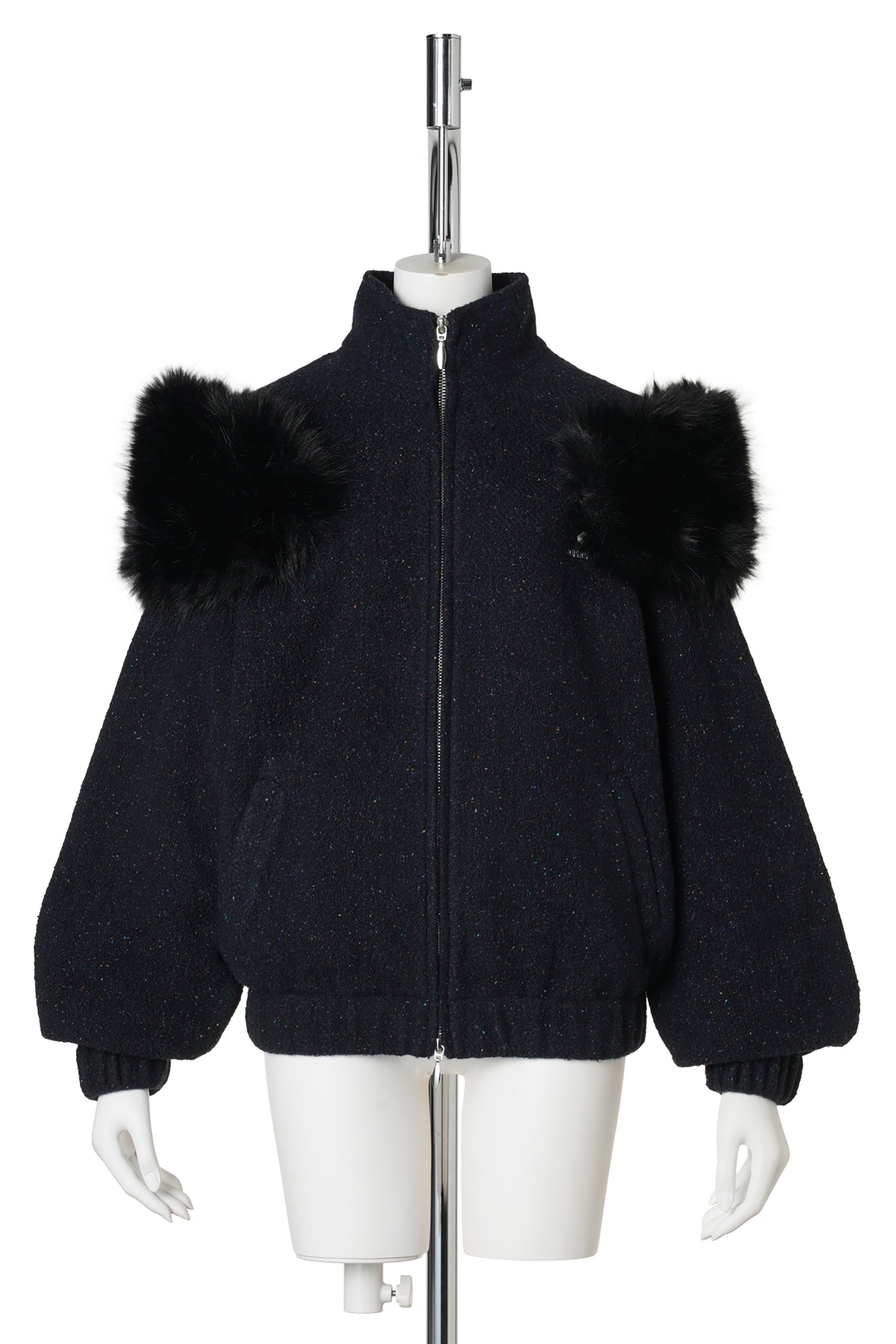 DECORATIVE FAUX FUR LOOSE COAT / NAVY BLUE
