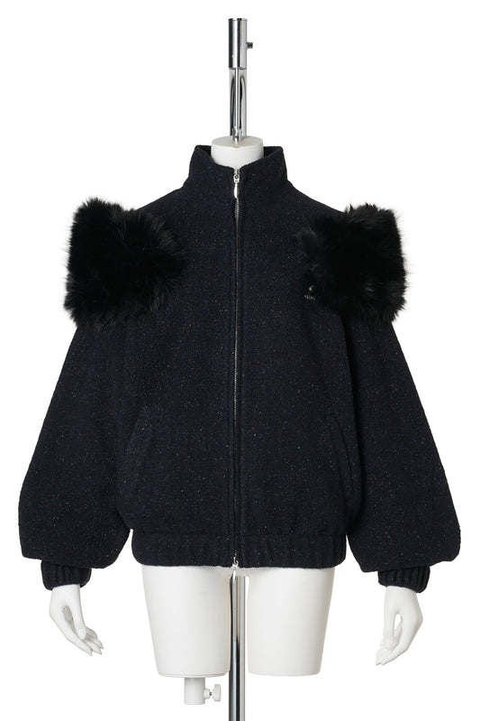 DECORATIVE FAUX FUR LOOSE COAT / NAVY BLUE
