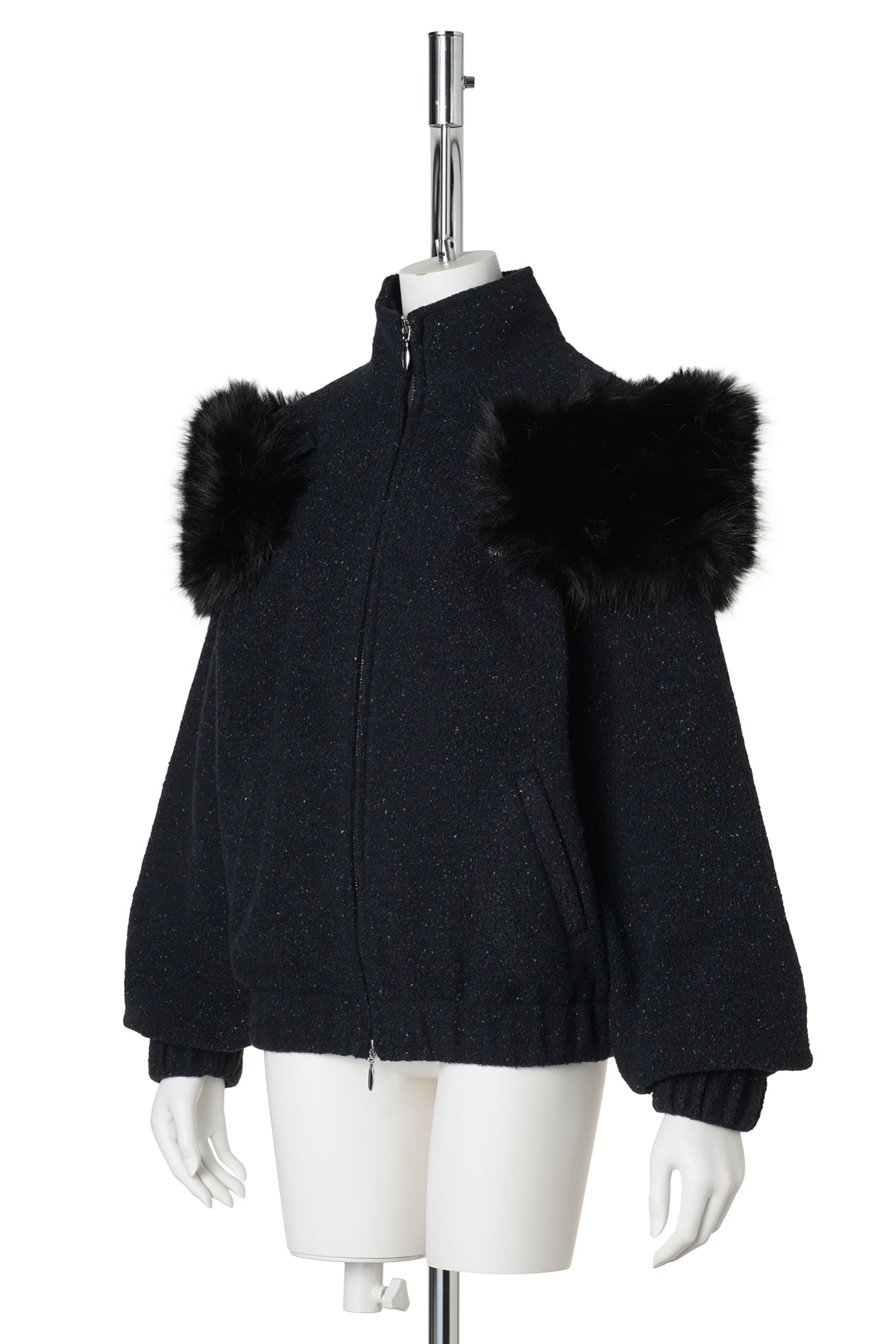 DECORATIVE FAUX FUR LOOSE COAT / NAVY BLUE