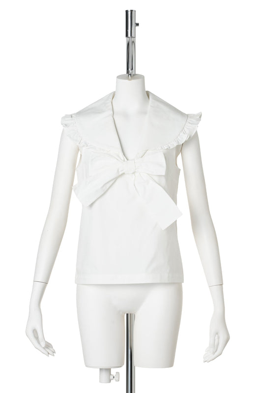LACE-TRIMMED SHAWL COLLAR BOW BLOUSE / WHITE