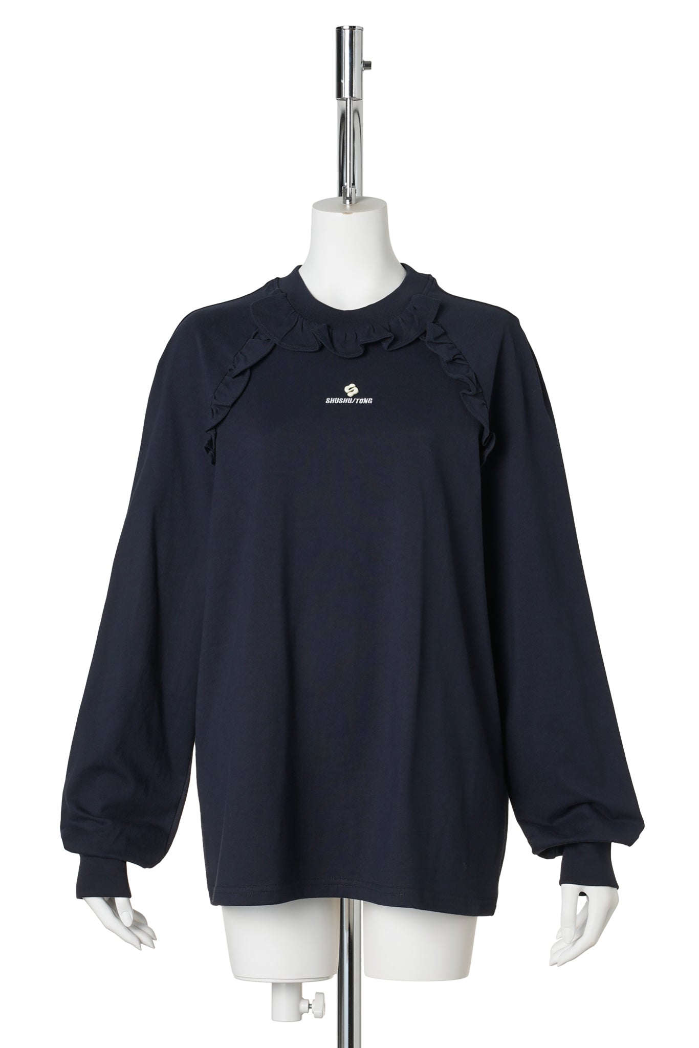 LACE TRIM LONG SLEEVE T-SHIRT / NAVY BLUE