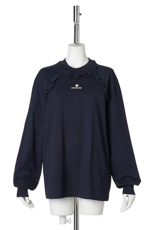 LACE TRIM LONG SLEEVE T-SHIRT / NAVY BLUE