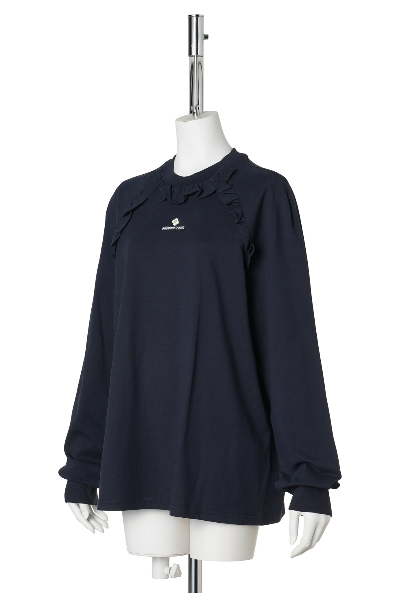 LACE TRIM LONG SLEEVE T-SHIRT / NAVY BLUE