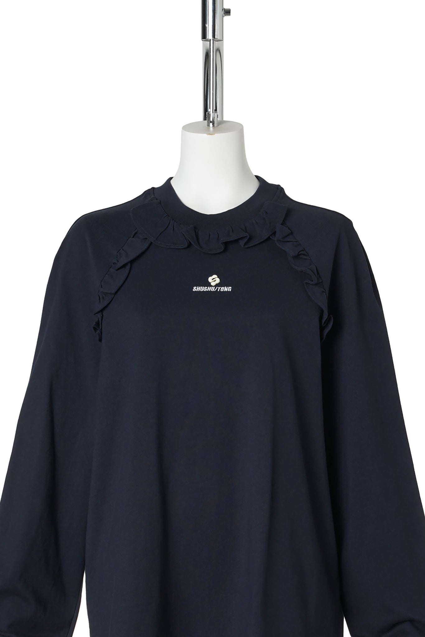 LACE TRIM LONG SLEEVE T-SHIRT / NAVY BLUE