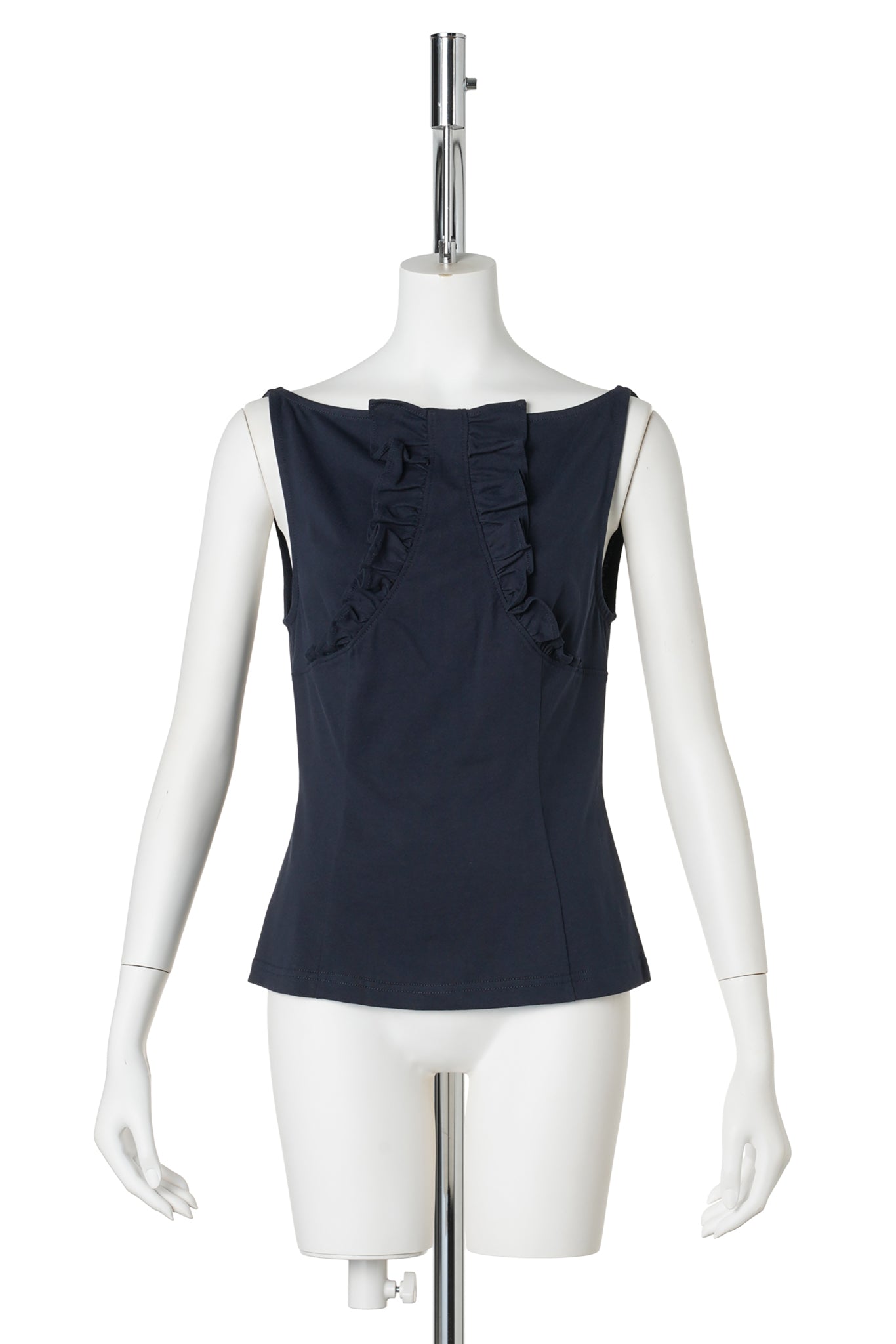LACE TRIM SLEEVELESS FITTED T-SHIRT / NAVY BLUE
