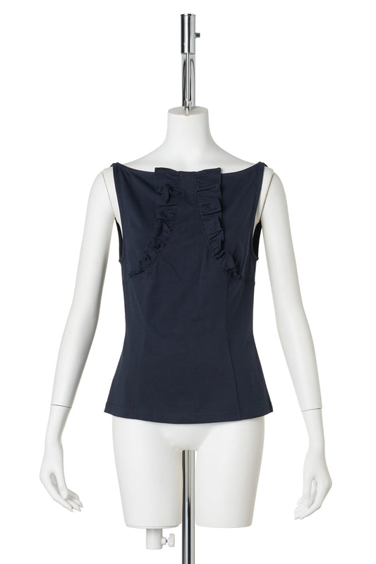 LACE TRIM SLEEVELESS FITTED T-SHIRT / NAVY BLUE