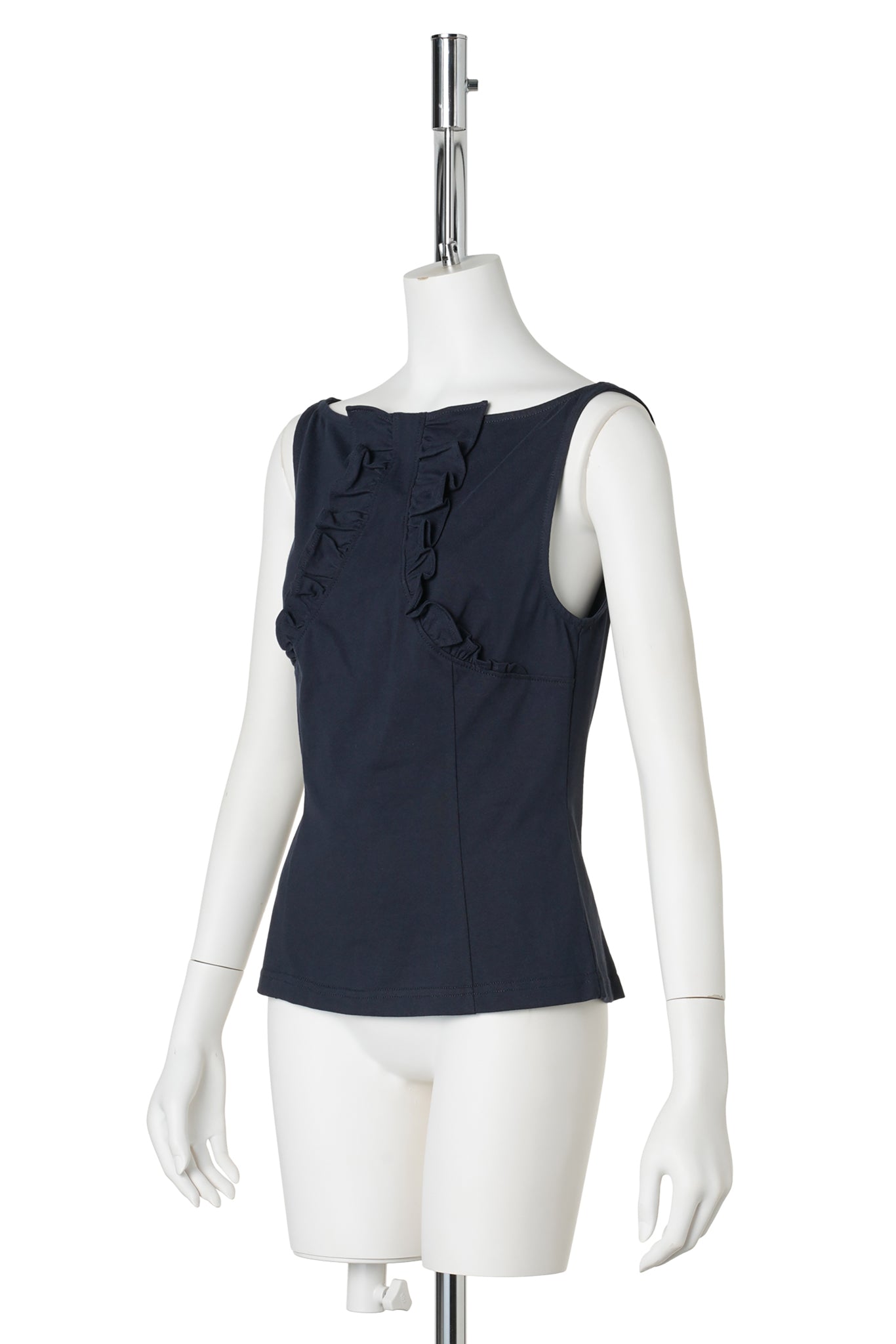 LACE TRIM SLEEVELESS FITTED T-SHIRT / NAVY BLUE