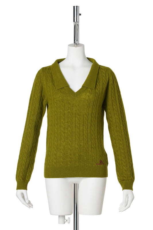 V-NECK CABLE KNIT TOP / GREEN