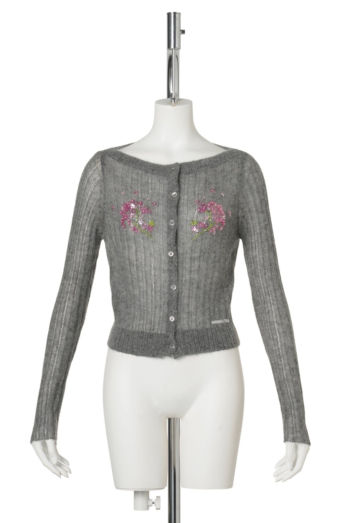 BEADED FLORAL EMBELLISHED KNIT CARDIGAN / GREY