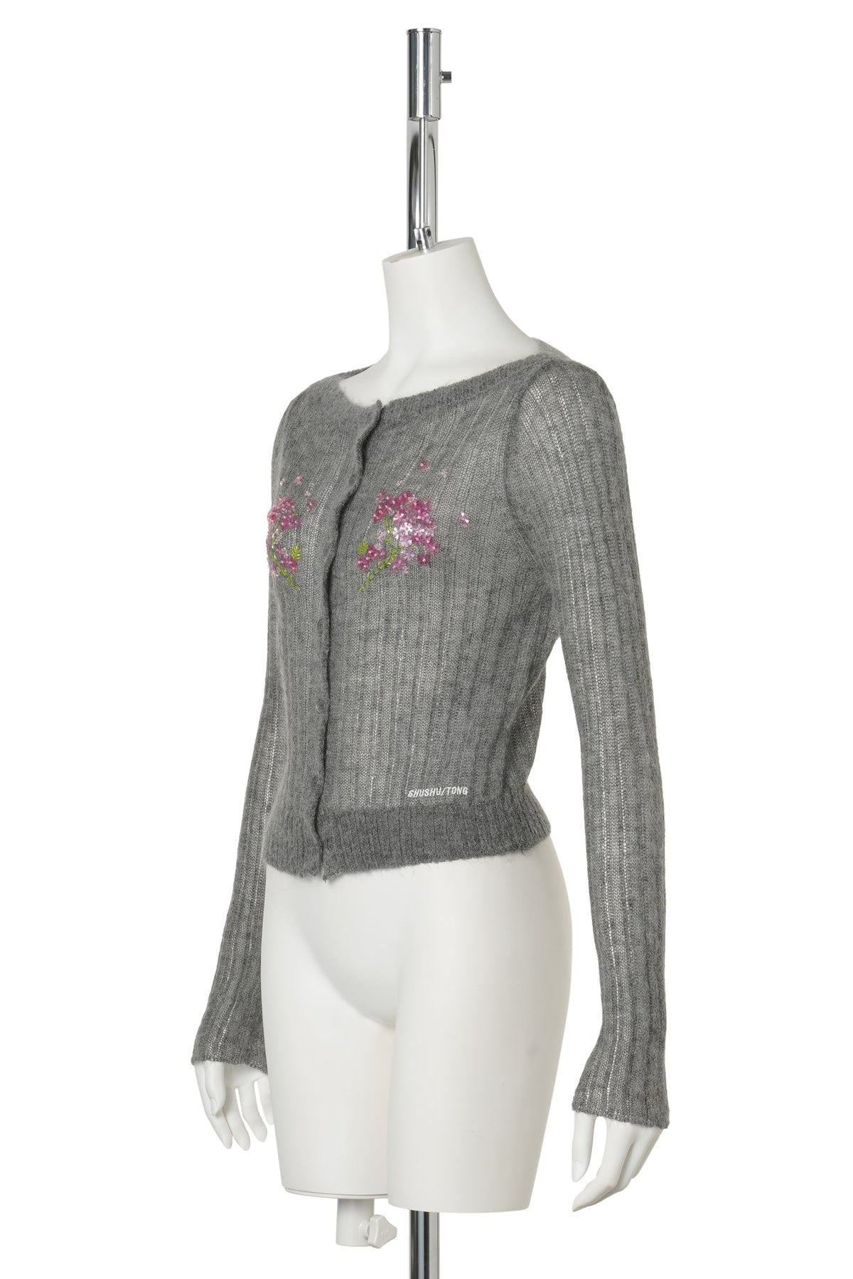 BEADED FLORAL EMBELLISHED KNIT CARDIGAN / GREY