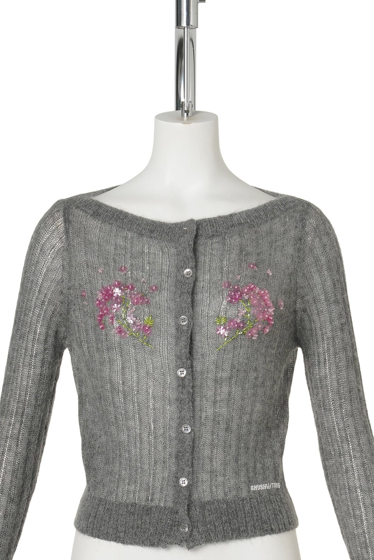 BEADED FLORAL EMBELLISHED KNIT CARDIGAN / GREY