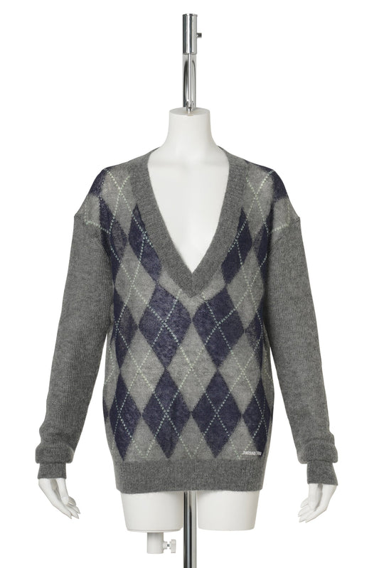 V-NECK DIAMOND QUILTED KNIT TOP / PLAID1