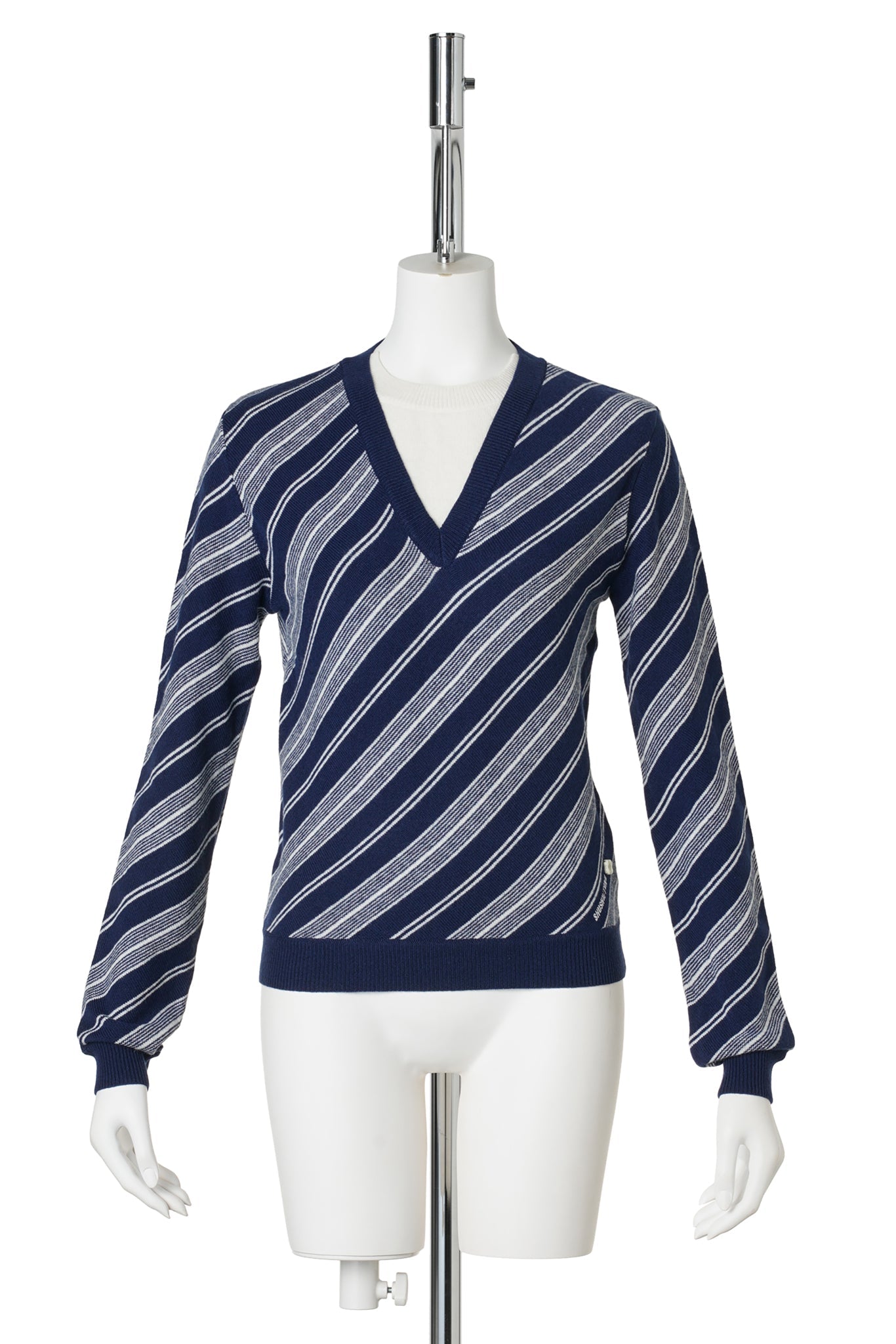 V-NECK FITTED TWILL KNIT TOP / BLUE STRIPE
