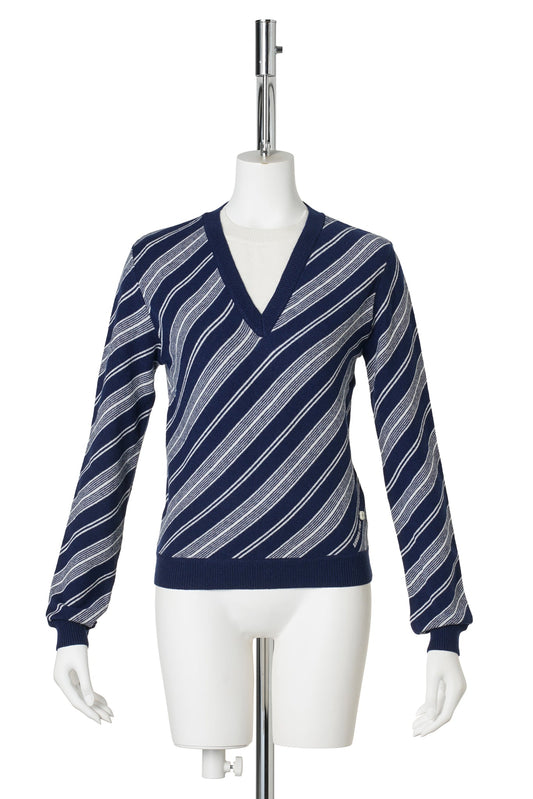 V-NECK FITTED TWILL KNIT TOP / BLUE STRIPE